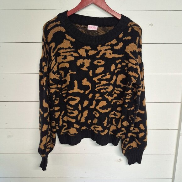 Pink Lily Womens super soft Black & Tan Leopard Print Knit Sweater L - Picture 5 of 7